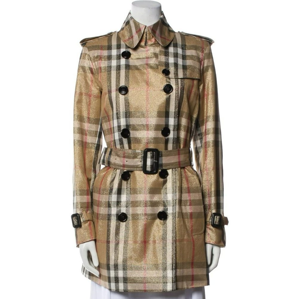 BURBERRY GOLD SHIMMER METALLIC CHECK PLAID TRENCH COAT - Picture 1 of 16